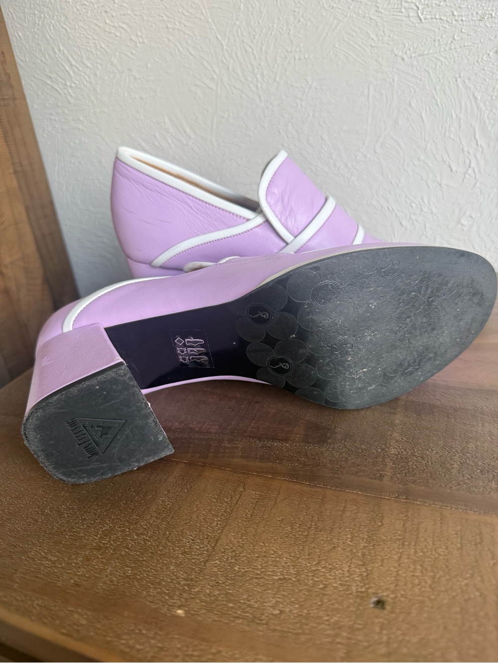 Fluevog Clouds of Joy Nimbus Lavender Block Heel Loafers with White Trim - Picture 4 of 6